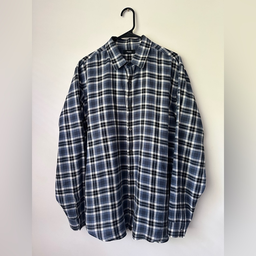 THEORY Clean Flannel Plaid Long Sleeve Buttoning Down Dress Shirt Men’s Large